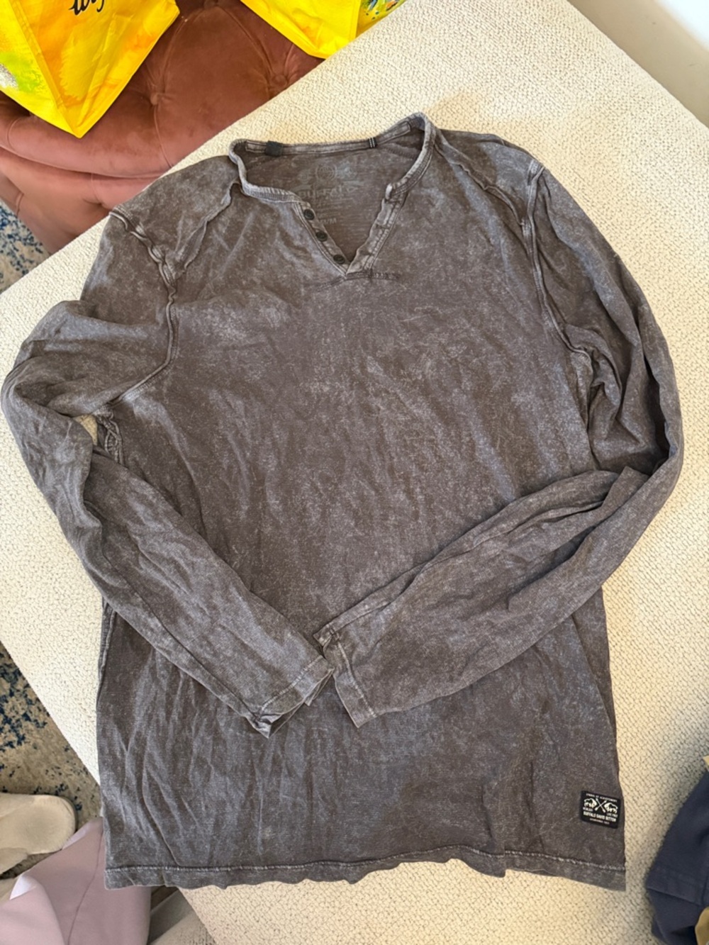 Men’s Washed Gray Long Sleeve Henley Top